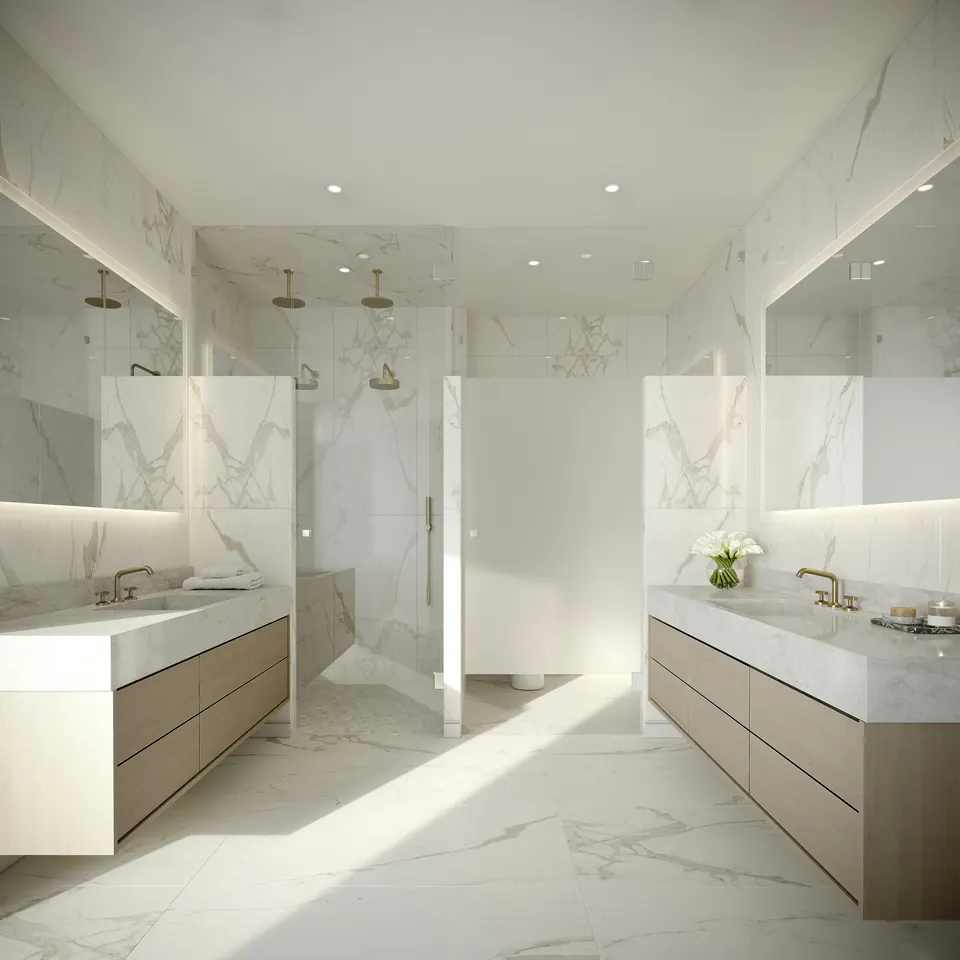 Grande salle de bain avec plans en marbre